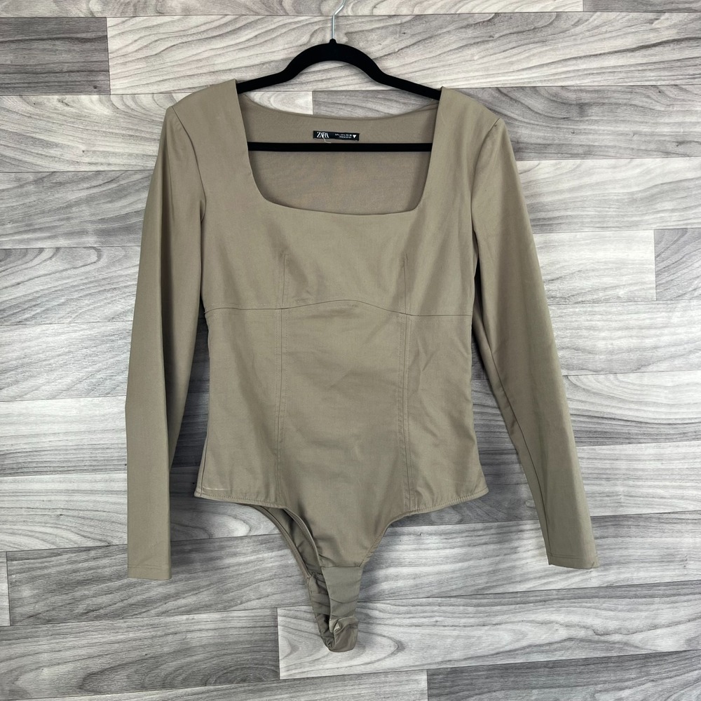 Zara Taupe Corset Bodysuit Women's Large Taupe Beige Long Sleeve Square Neck